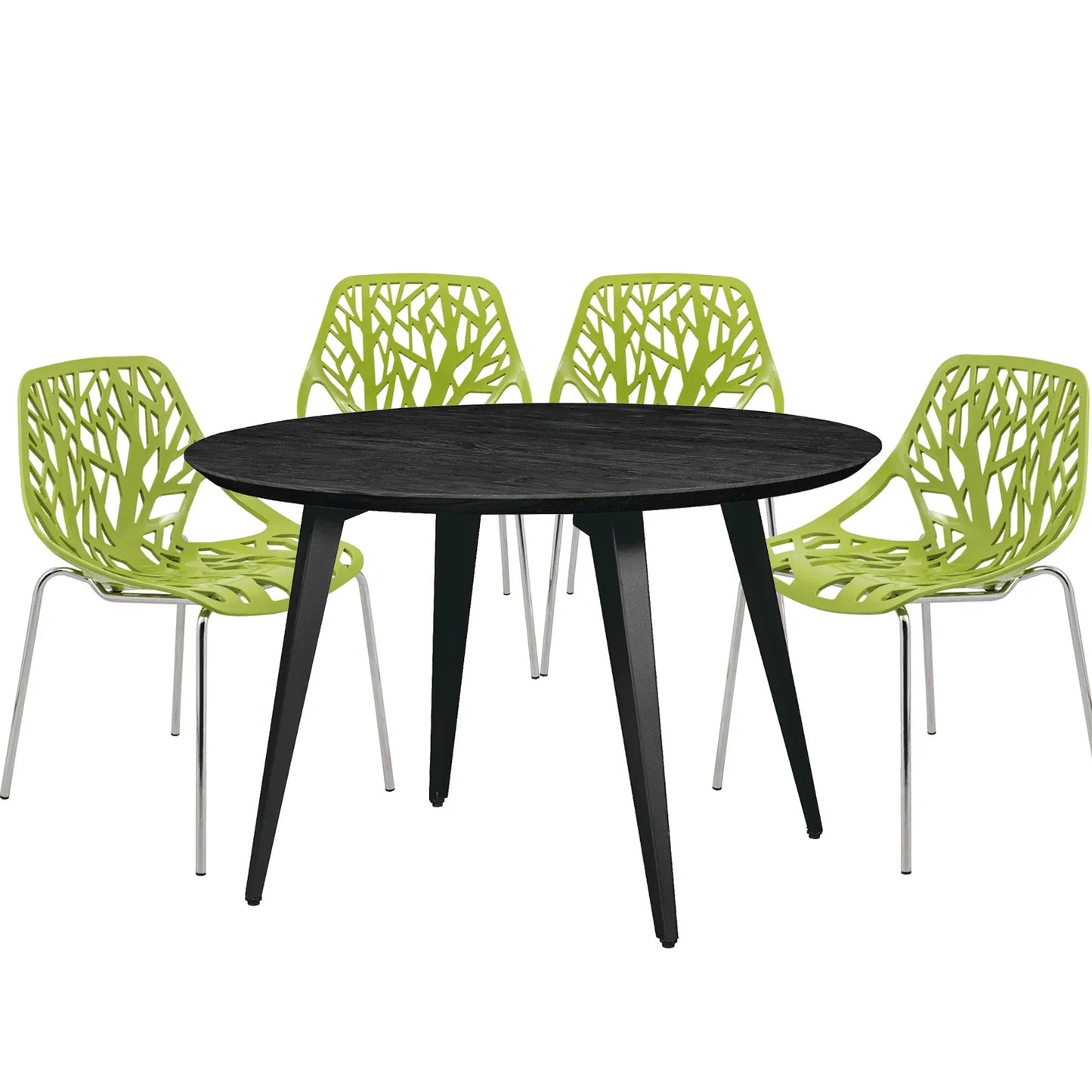 Ravenna 5-Piece Dining Set: 4 Stackable Plastic Chairs & Round Wood Table, Metal Base - Elax Furniture