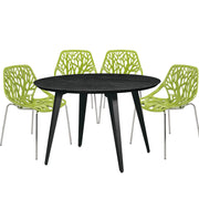 Ravenna 5-Piece Dining Set: 4 Stackable Plastic Chairs & Round Wood Table, Metal Base - Elax Furniture