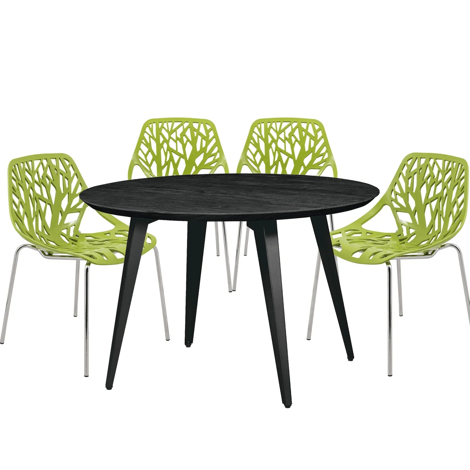 Ravenna 5-Piece Dining Set: 4 Stackable Plastic Chairs & Round Wood Table, Metal Base - Elax Furniture
