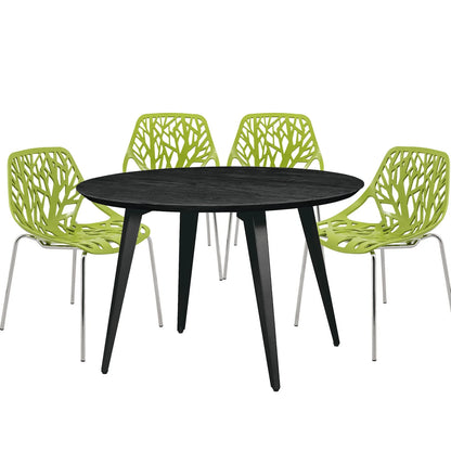 Ravenna 5-Piece Dining Set: 4 Stackable Plastic Chairs & Round Wood Table, Metal Base - Elax Furniture