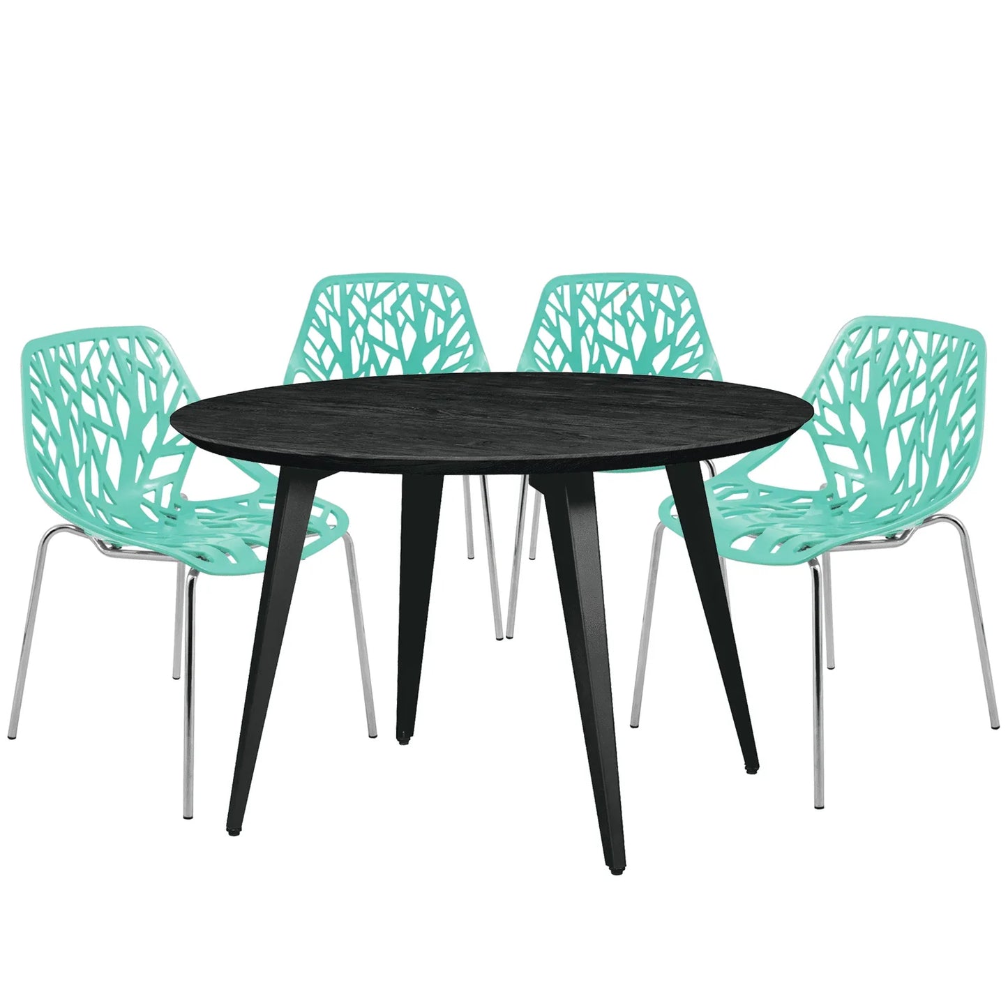 Ravenna 5-Piece Dining Set: 4 Stackable Plastic Chairs & Round Wood Table, Metal Base - Elax Furniture