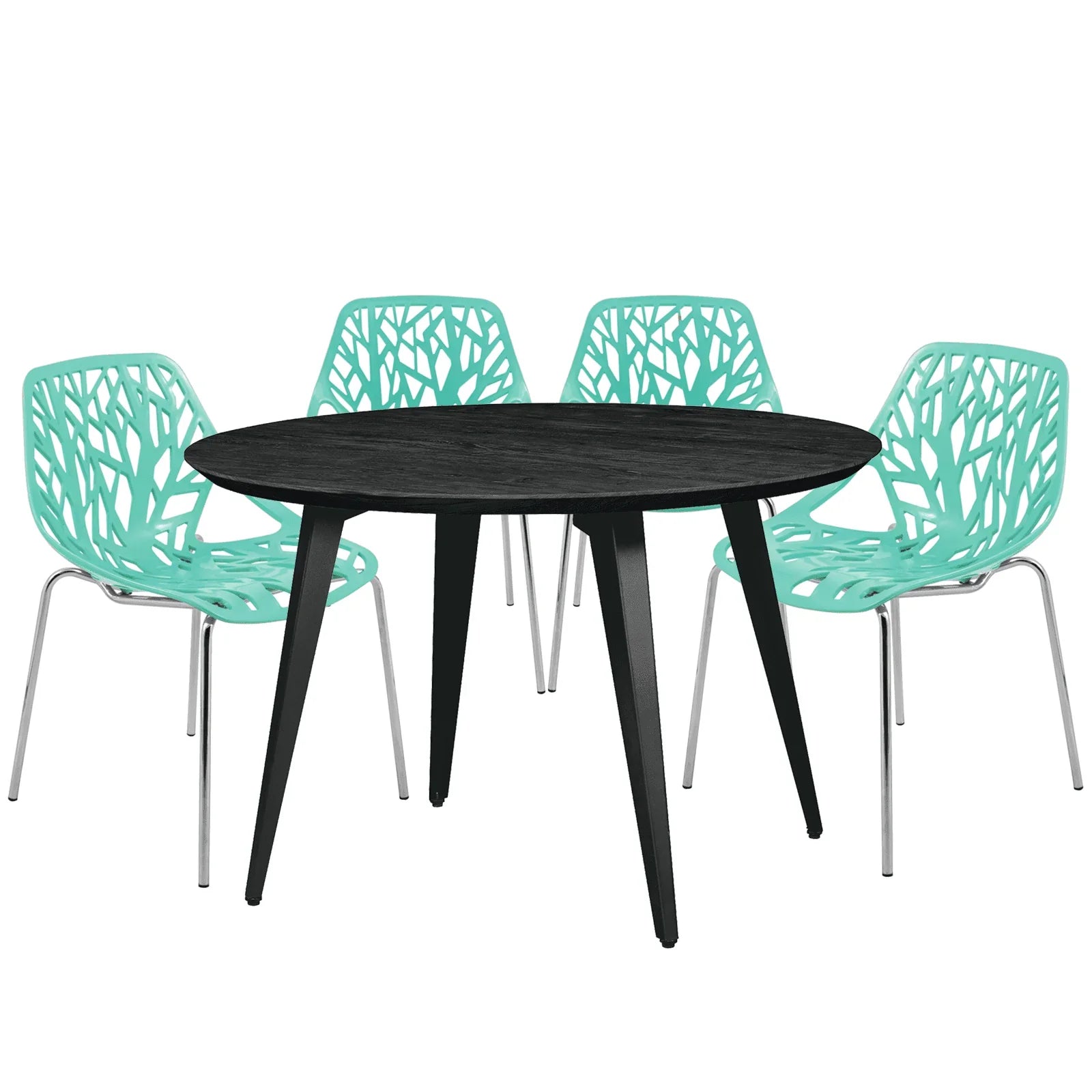 Ravenna 5-Piece Dining Set: 4 Stackable Plastic Chairs & Round Wood Table, Metal Base - Elax Furniture