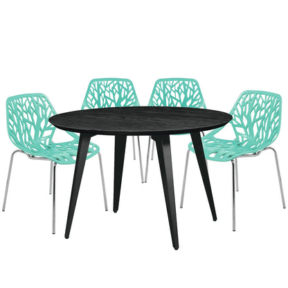 Ravenna 5-Piece Dining Set: 4 Stackable Plastic Chairs & Round Wood Table, Metal Base - Elax Furniture