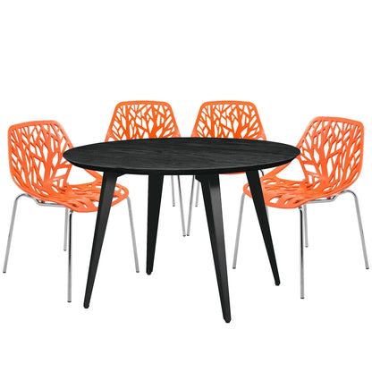 Ravenna 5-Piece Dining Set: 4 Stackable Plastic Chairs & Round Wood Table, Metal Base - Elax Furniture