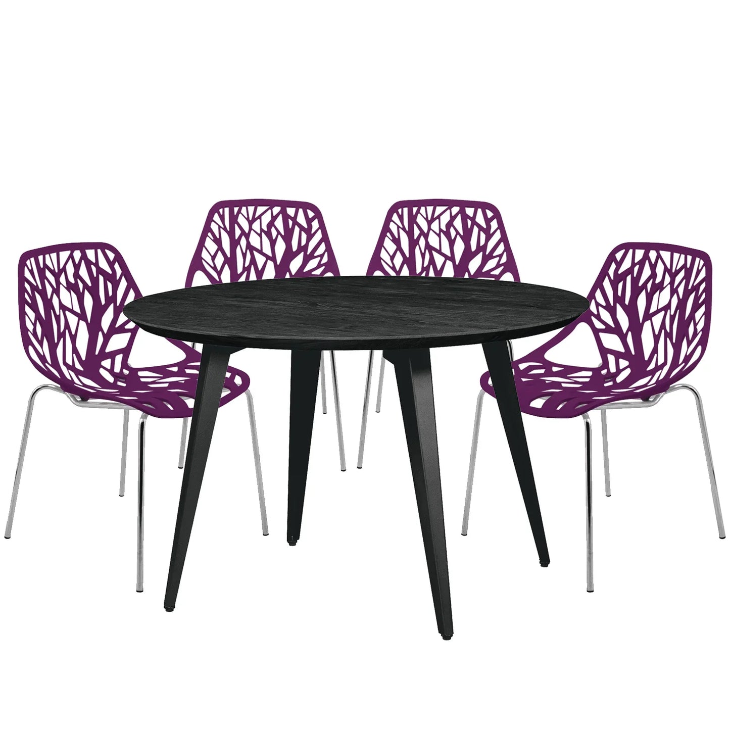 Ravenna 5-Piece Dining Set: 4 Stackable Plastic Chairs & Round Wood Table, Metal Base - Elax Furniture