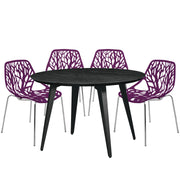 Ravenna 5-Piece Dining Set: 4 Stackable Plastic Chairs & Round Wood Table, Metal Base - Elax Furniture