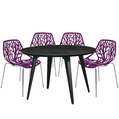 Ravenna 5-Piece Dining Set: 4 Stackable Plastic Chairs & Round Wood Table, Metal Base - Elax Furniture
