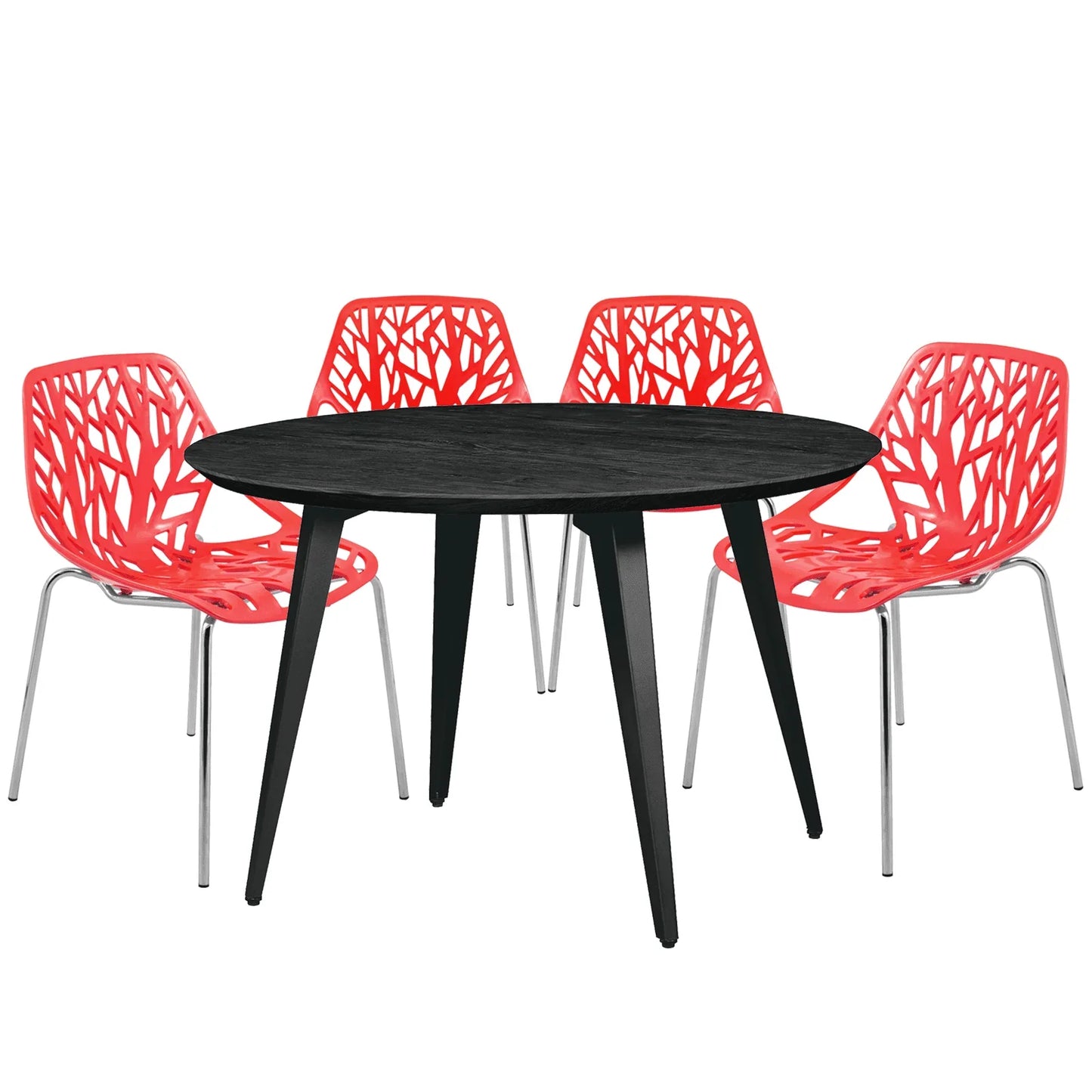 Ravenna 5-Piece Dining Set: 4 Stackable Plastic Chairs & Round Wood Table, Metal Base - Elax Furniture