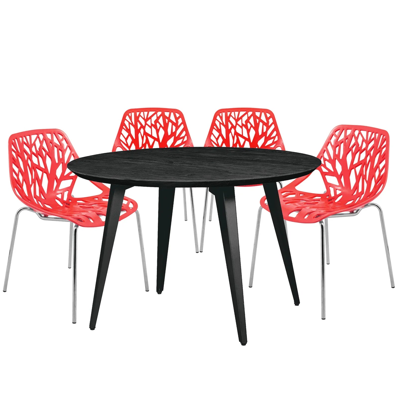 Ravenna 5-Piece Dining Set: 4 Stackable Plastic Chairs & Round Wood Table, Metal Base - Elax Furniture
