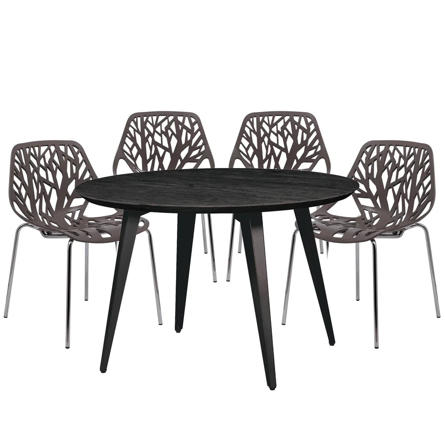 Ravenna 5-Piece Dining Set: 4 Stackable Plastic Chairs & Round Wood Table, Metal Base - Elax Furniture