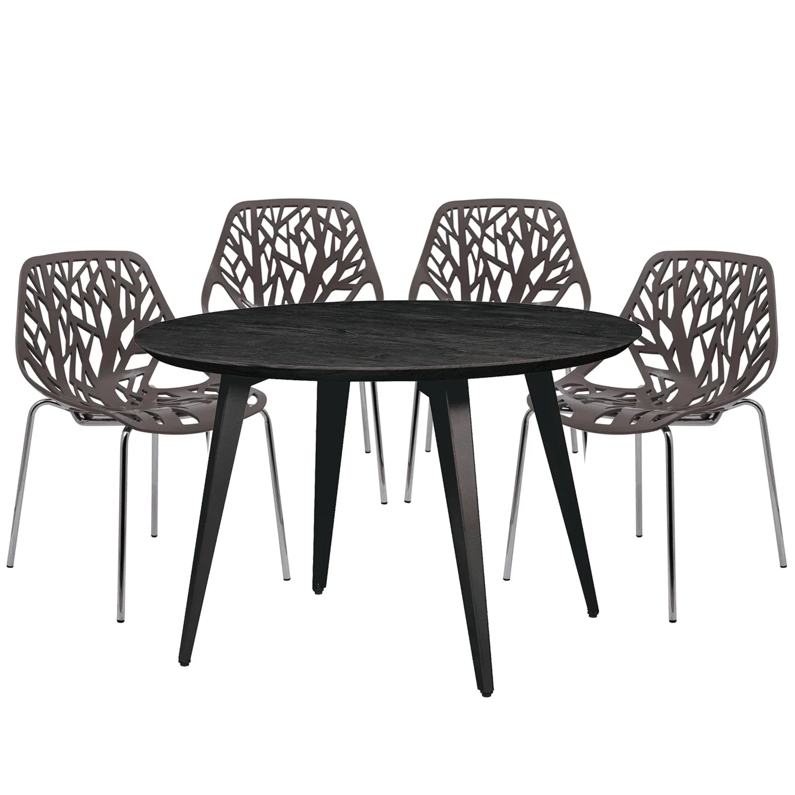Ravenna 5-Piece Dining Set: 4 Stackable Plastic Chairs & Round Wood Table, Metal Base - Elax Furniture