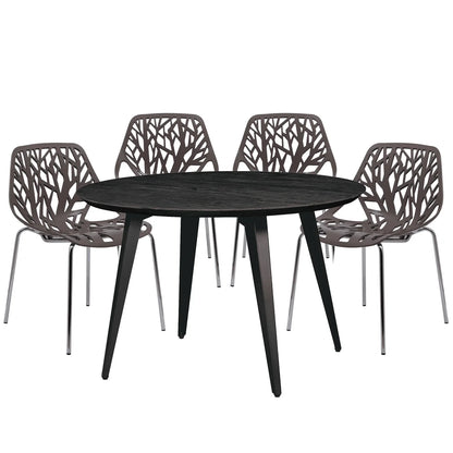 Ravenna 5-Piece Dining Set: 4 Stackable Plastic Chairs & Round Wood Table, Metal Base - Elax Furniture