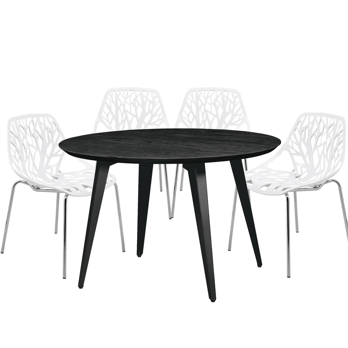 Ravenna 5-Piece Dining Set: 4 Stackable Plastic Chairs & Round Wood Table, Metal Base - Elax Furniture