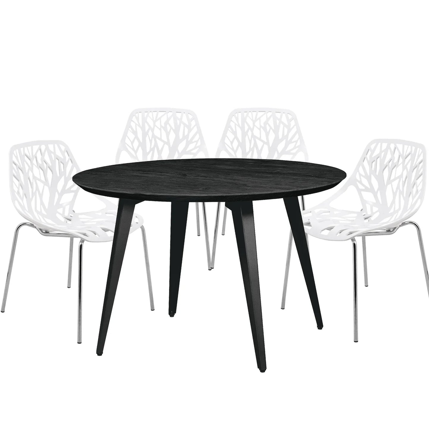 Ravenna 5-Piece Dining Set: 4 Stackable Plastic Chairs & Round Wood Table, Metal Base - Elax Furniture