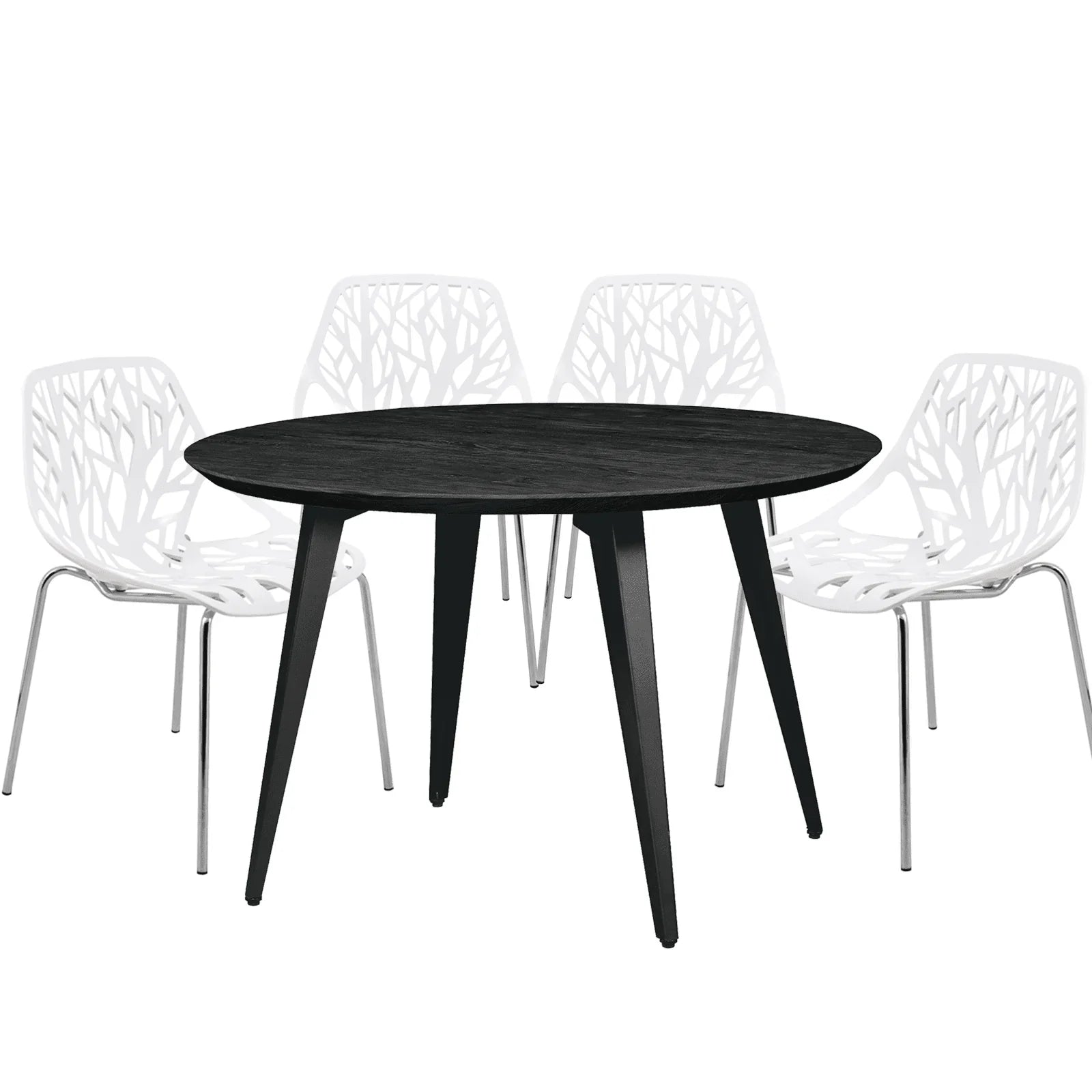 Ravenna 5-Piece Dining Set: 4 Stackable Plastic Chairs & Round Wood Table, Metal Base - Elax Furniture