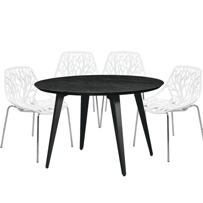 Ravenna 5-Piece Dining Set: 4 Stackable Plastic Chairs & Round Wood Table, Metal Base - Elax Furniture