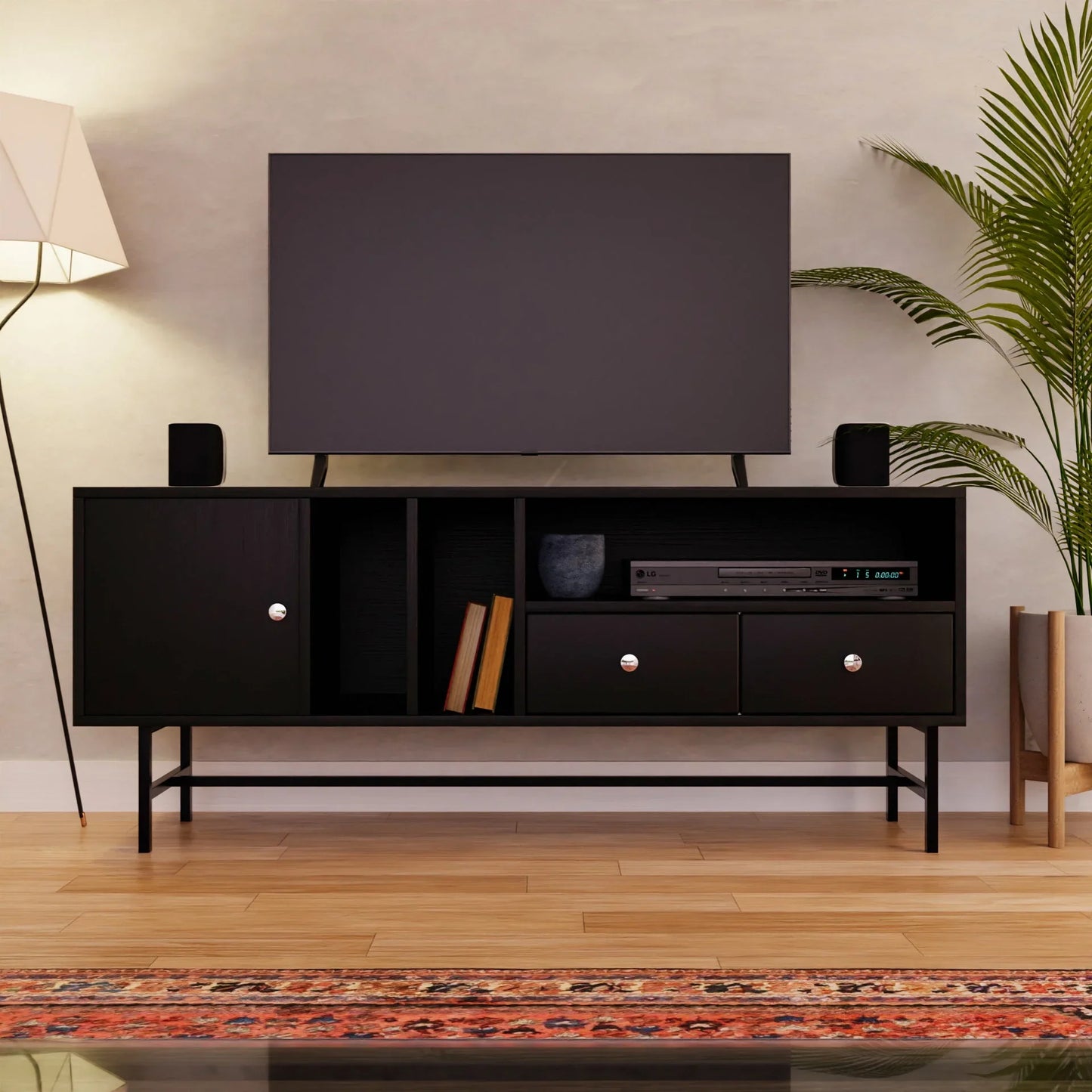 Rochester Modern Rectangular TV Stand: Enclosed Storage & Powder-Coated Iron Legs - Elax Furniture