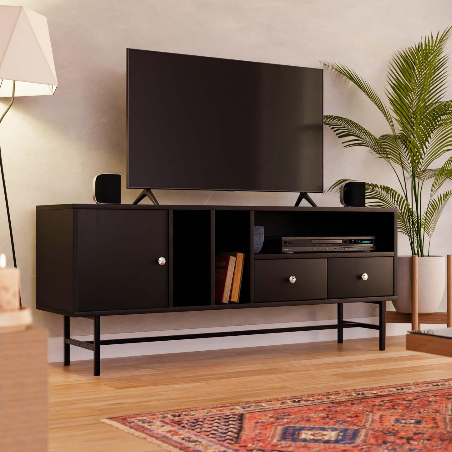 Rochester Modern Rectangular TV Stand: Enclosed Storage & Powder-Coated Iron Legs - Elax Furniture