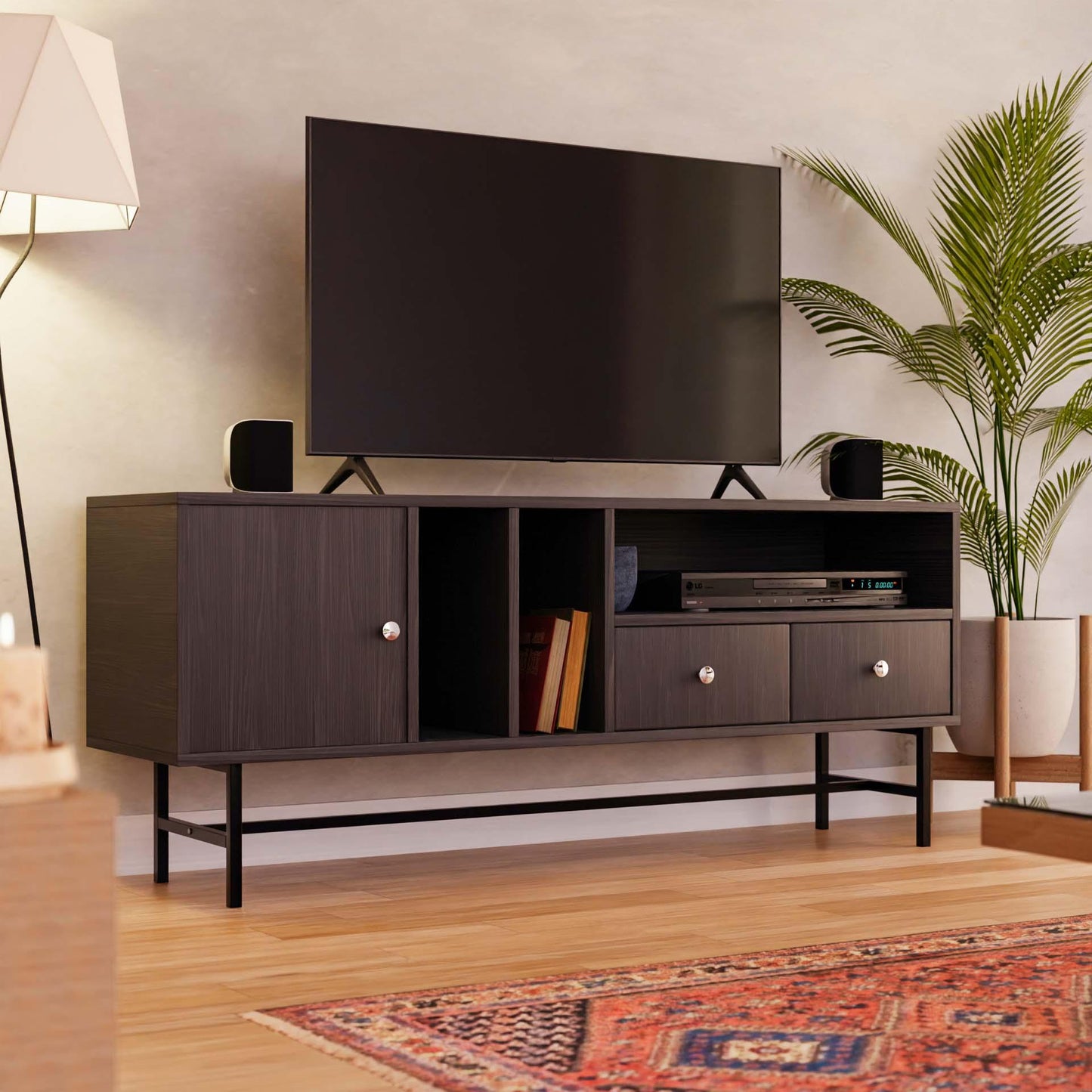 Rochester Modern Rectangular TV Stand: Enclosed Storage & Powder-Coated Iron Legs - Elax Furniture