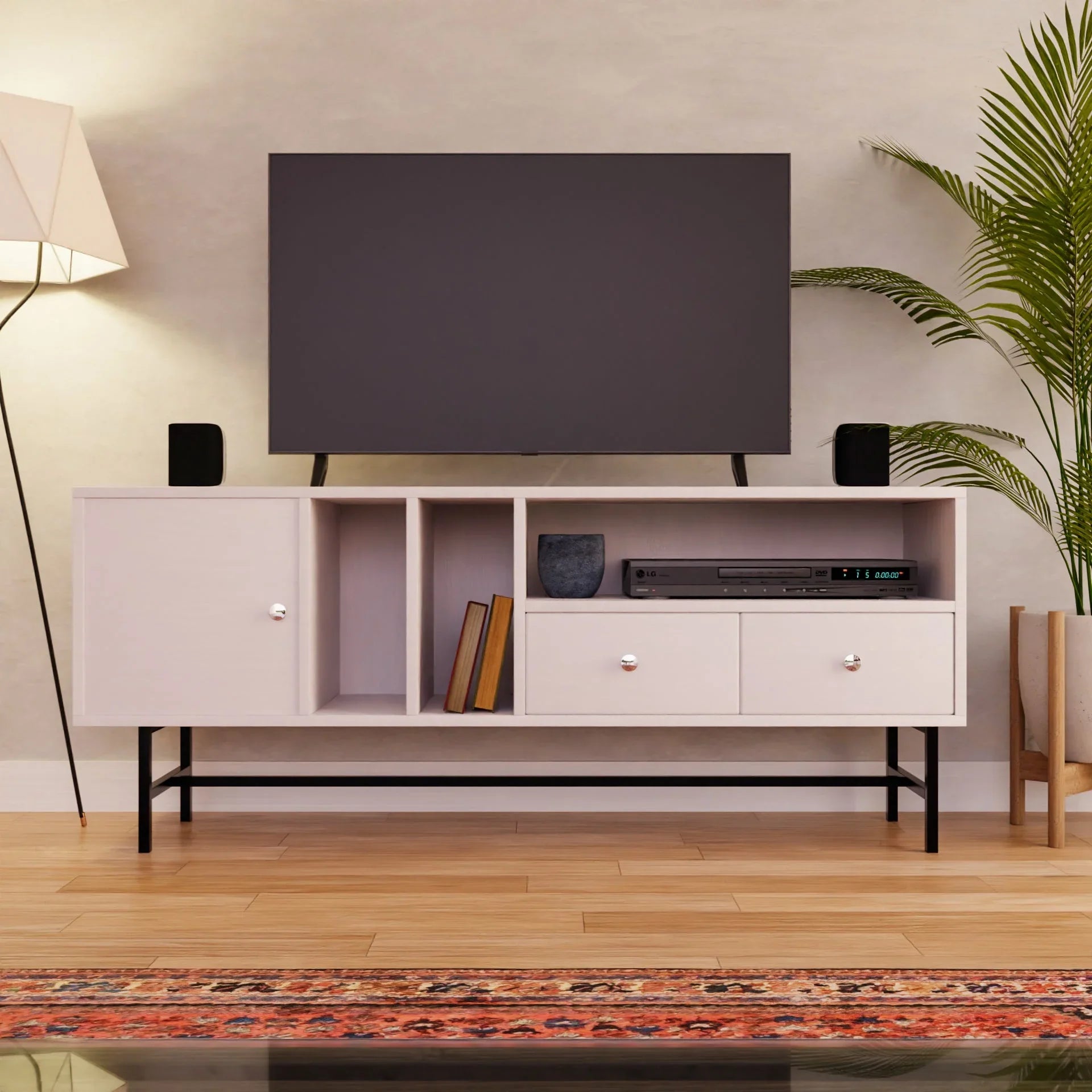 Rochester Modern Rectangular TV Stand: Enclosed Storage & Powder-Coated Iron Legs - Elax Furniture