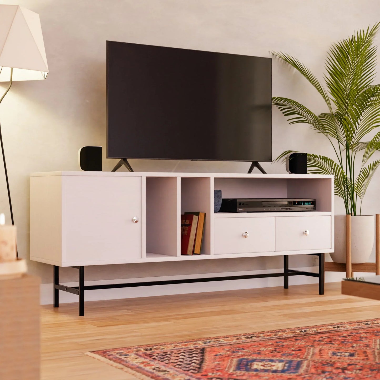 Rochester Modern Rectangular TV Stand: Enclosed Storage & Powder-Coated Iron Legs - Elax Furniture