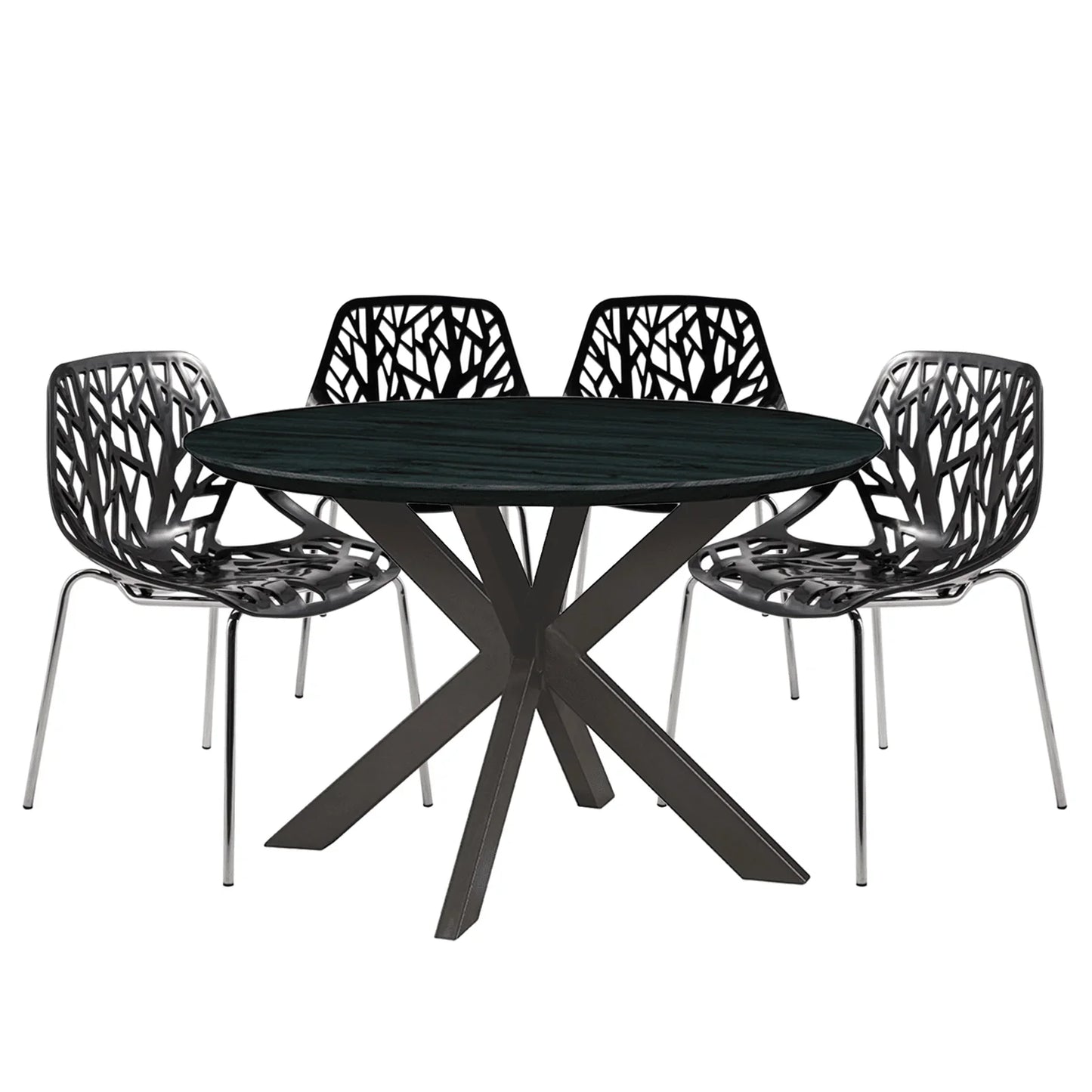 Ravenna 5-Piece Dining Set: 4 Stackable Plastic Chairs & Round Table With Geometric Base - Elax Furniture