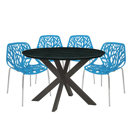 Ravenna 5-Piece Dining Set: 4 Stackable Plastic Chairs & Round Table With Geometric Base - Elax Furniture