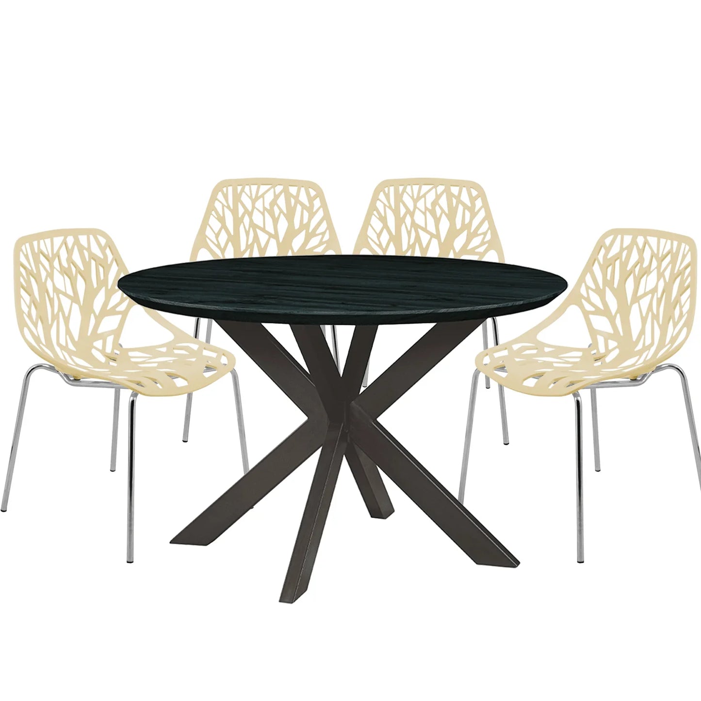 Ravenna 5-Piece Dining Set: 4 Stackable Plastic Chairs & Round Table With Geometric Base - Elax Furniture
