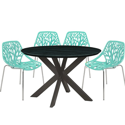 Ravenna 5-Piece Dining Set: 4 Stackable Plastic Chairs & Round Table With Geometric Base - Elax Furniture