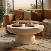 Ruben 27" Round Fiberstone Coffee Table with Powder-Coated Finish Centerpiece Beige Coffee Table LeisureMod
