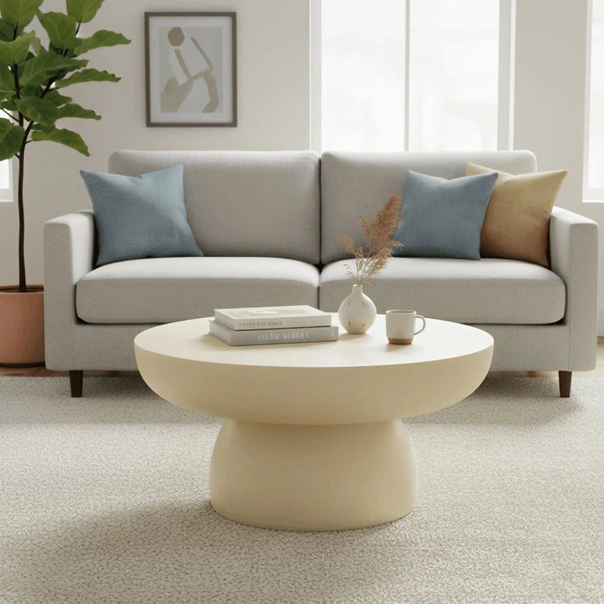 Ruben 27" Round Fiberstone Coffee Table with Powder-Coated Finish Centerpiece Beige Coffee Table LeisureMod