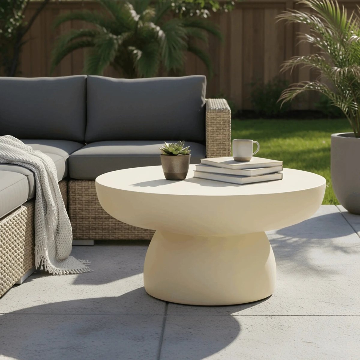 Ruben 27" Round Fiberstone Coffee Table with Powder-Coated Finish Centerpiece Beige Coffee Table LeisureMod