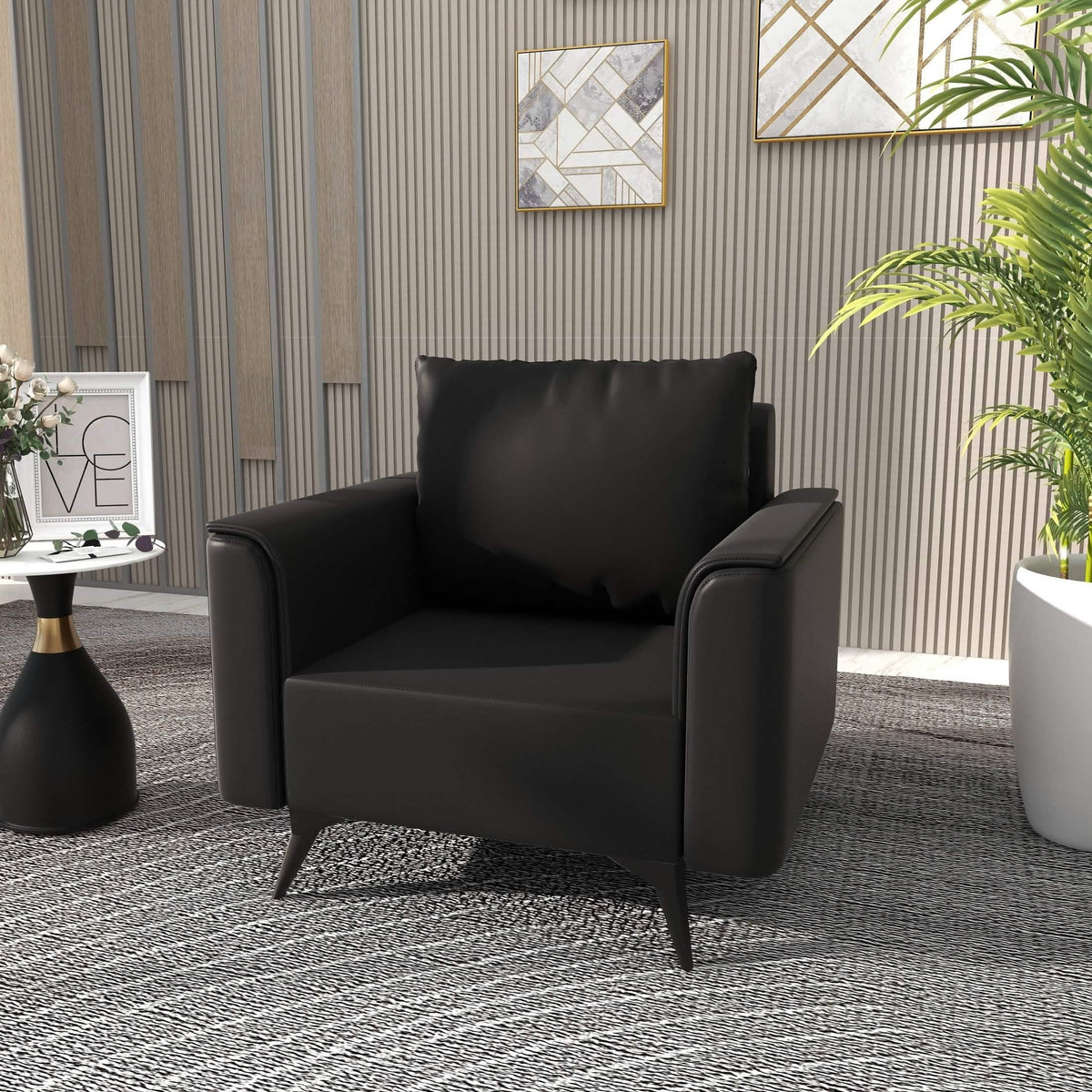 Rusk Leather Single-Seater Sofa with Stainless Steel Legs and Removable Cushions Black Sofa Leisuremod