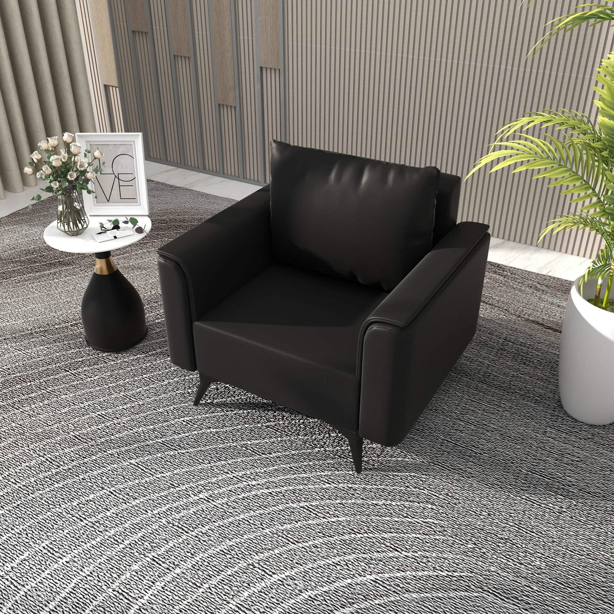 Rusk Leather Single-Seater Sofa with Stainless Steel Legs and Removable Cushions Black Sofa Leisuremod