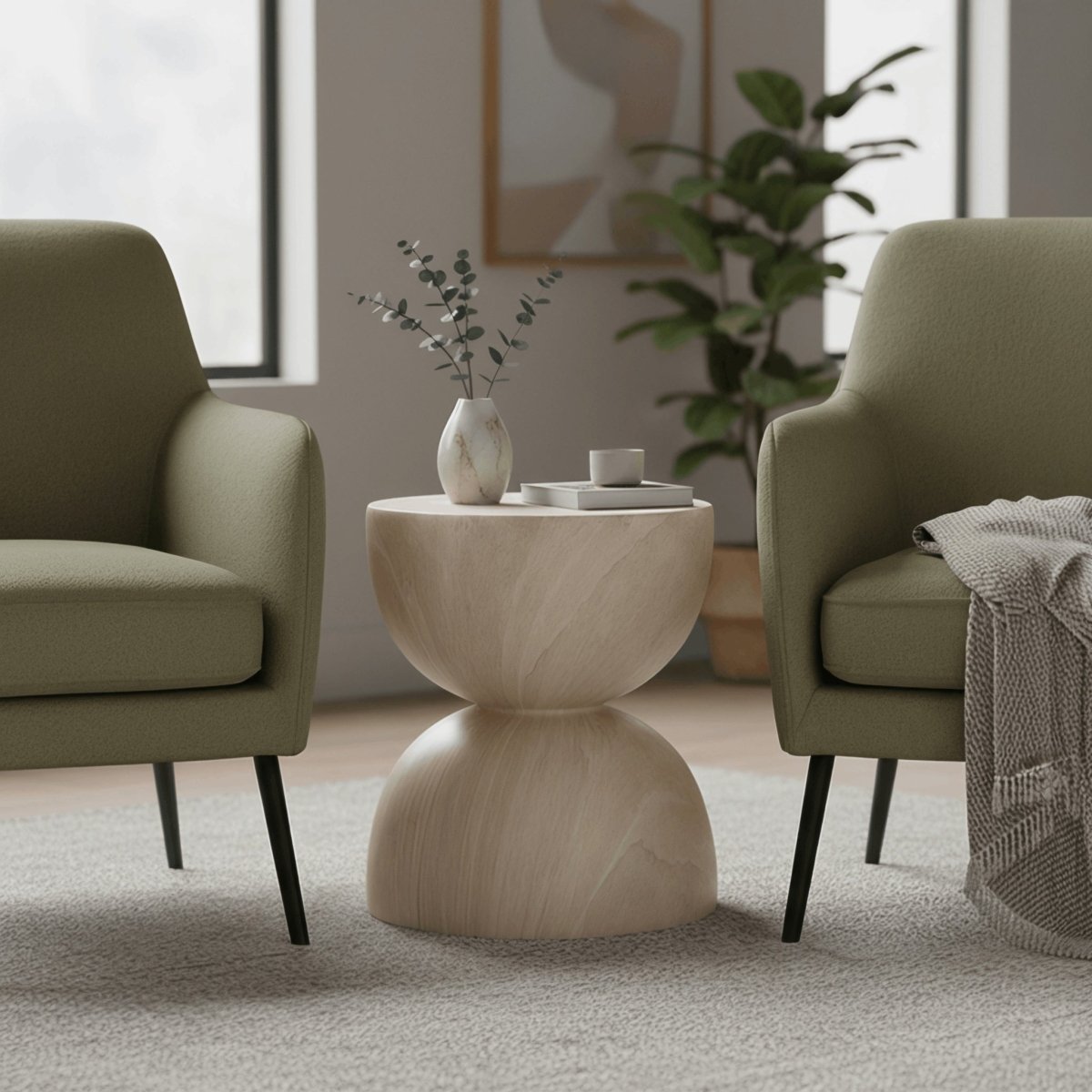 Sage Minimalist Side Table in Fiberstone Hourglass Design Accent Table Stone Marble Side Table LeisureMod