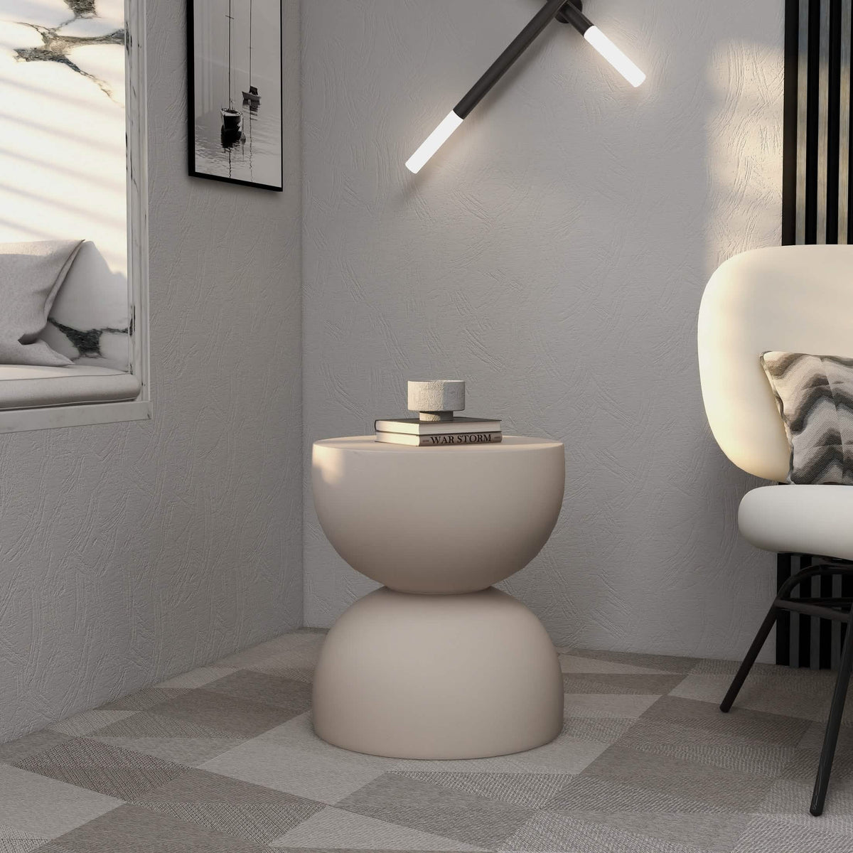 Sage Minimalist Side Table in Fiberstone Hourglass Design Accent Table Beige Side Table LeisureMod