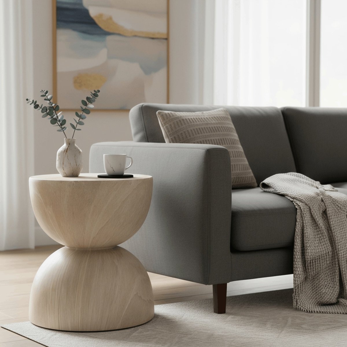 Sage Minimalist Side Table in Fiberstone Hourglass Design Accent Table Stone Marble Side Table LeisureMod