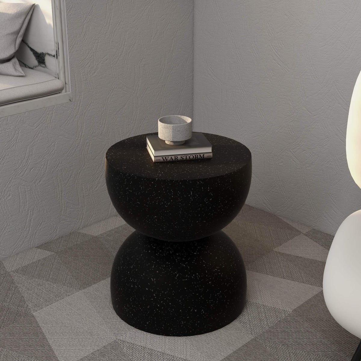 Sage Minimalist Side Table in Fiberstone Hourglass Design Accent Table Black Side Table LeisureMod