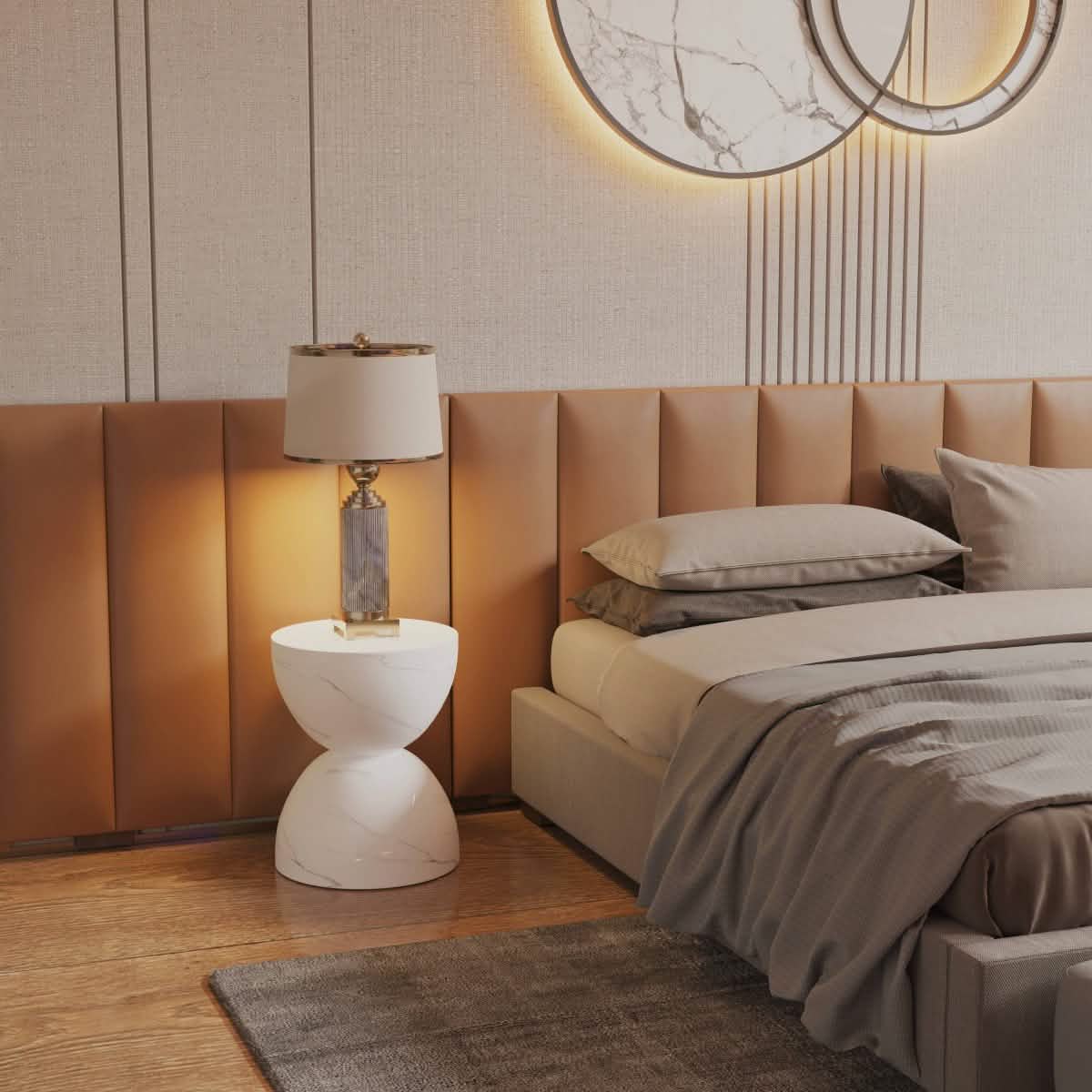 Sage Minimalist Side Table in Fiberstone Hourglass Design Accent Table Marbled White Side Table LeisureMod