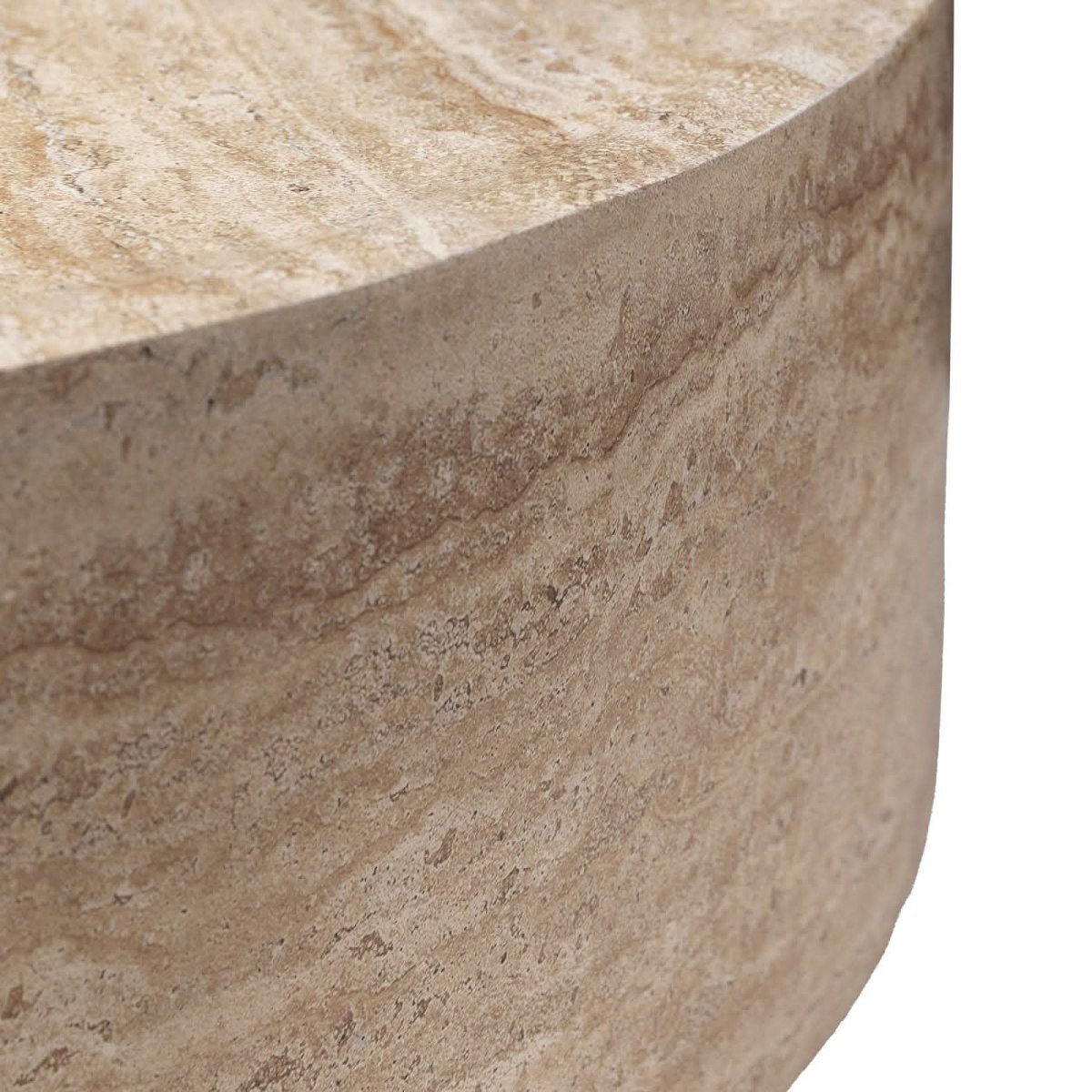 Sandy 32" Round Coffee Table, Travertine Finish, Fiberstone, Indoor/Outdoor Travertine Coffee Table Leisuremod