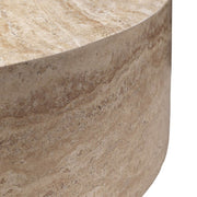 Sandy 32" Round Coffee Table, Travertine Finish, Fiberstone, Indoor/Outdoor Travertine Coffee Table Leisuremod