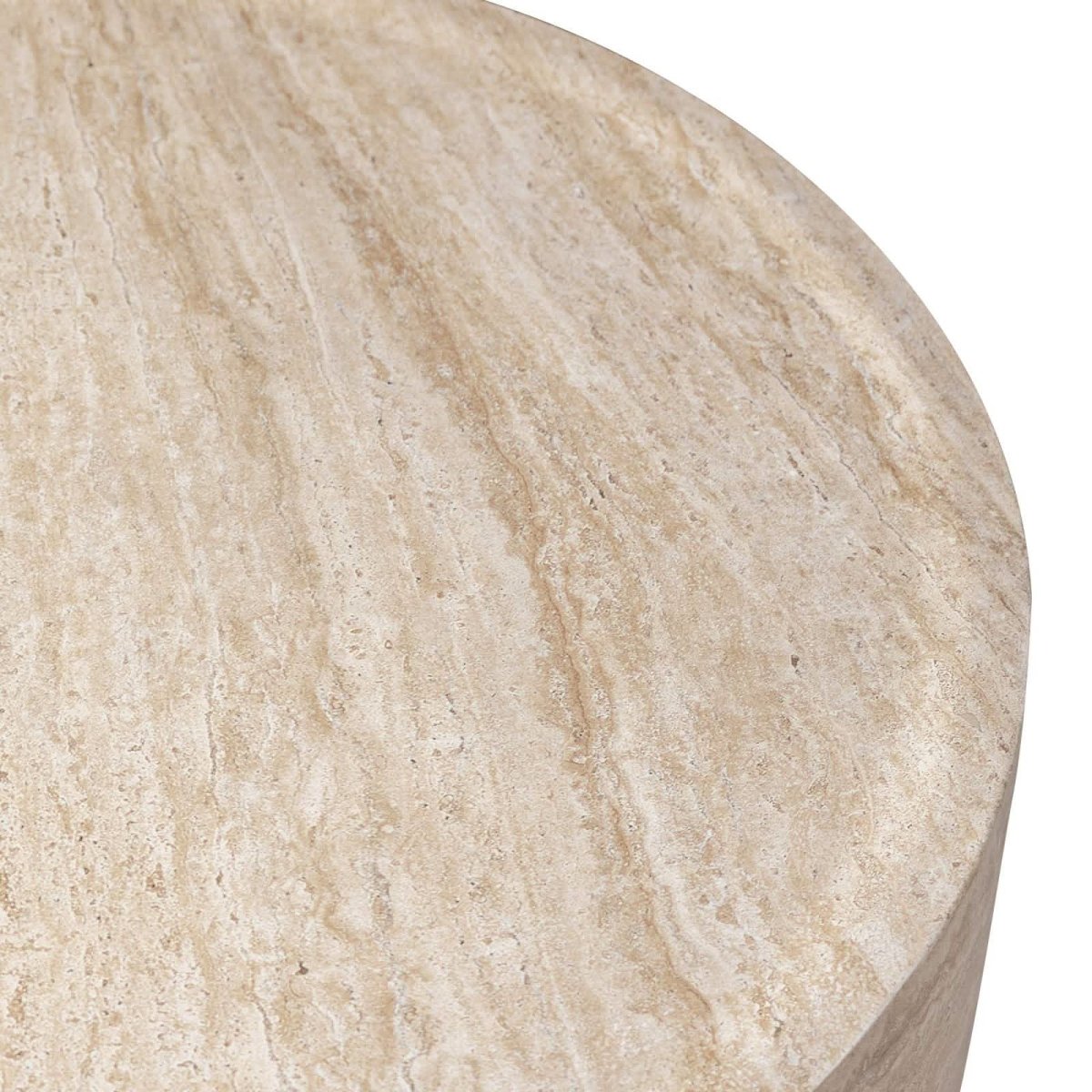 Sandy 32" Round Coffee Table, Travertine Finish, Fiberstone, Indoor/Outdoor Travertine Coffee Table Leisuremod