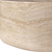 Sandy 32" Round Coffee Table, Travertine Finish, Fiberstone, Indoor/Outdoor Travertine Coffee Table Leisuremod