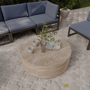 Sandy 32" Round Coffee Table, Travertine Finish, Fiberstone, Indoor/Outdoor Travertine Coffee Table Leisuremod