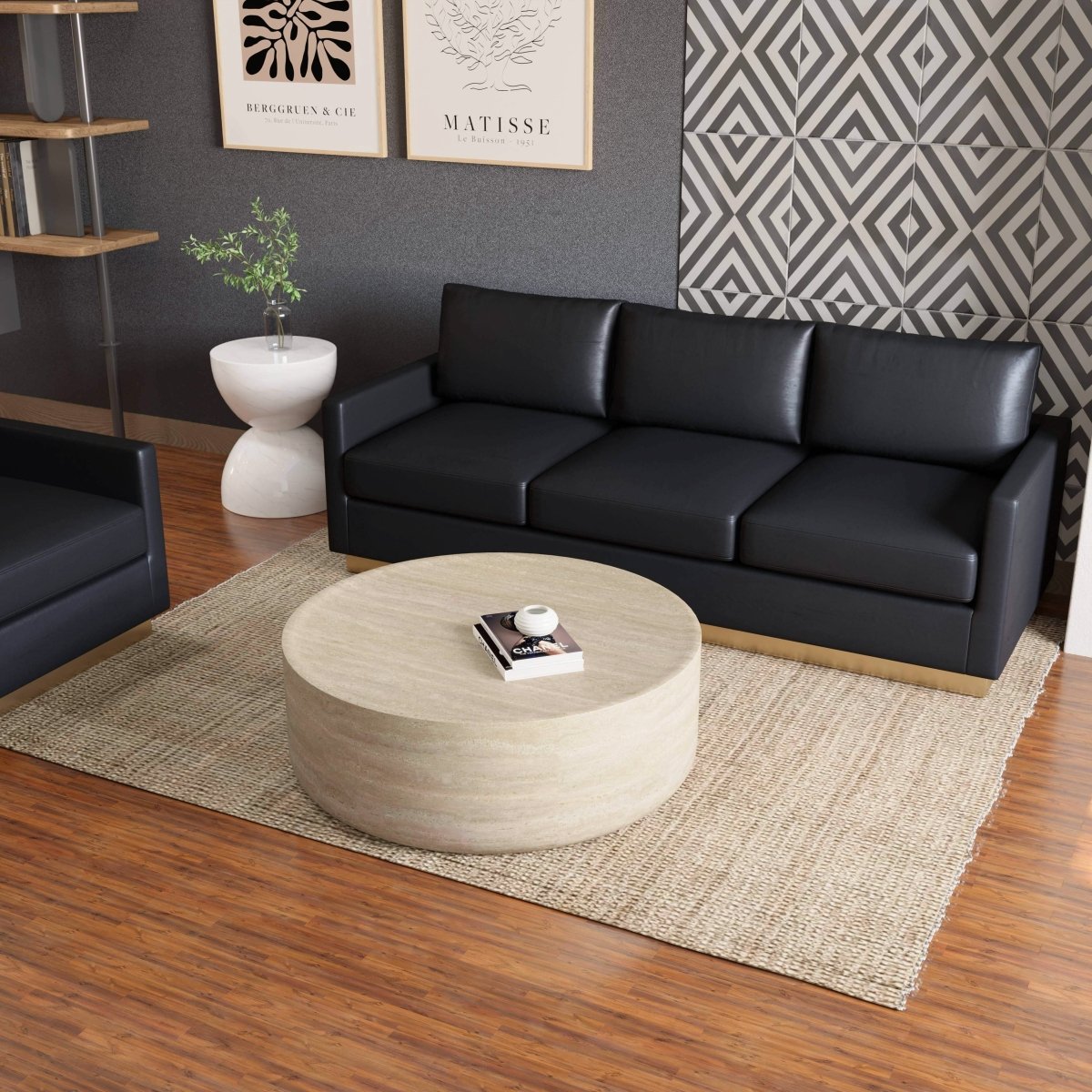 Sandy 32" Round Coffee Table, Travertine Finish, Fiberstone, Indoor/Outdoor Travertine Coffee Table Leisuremod