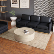 Sandy 32" Round Coffee Table, Travertine Finish, Fiberstone, Indoor/Outdoor Travertine Coffee Table Leisuremod