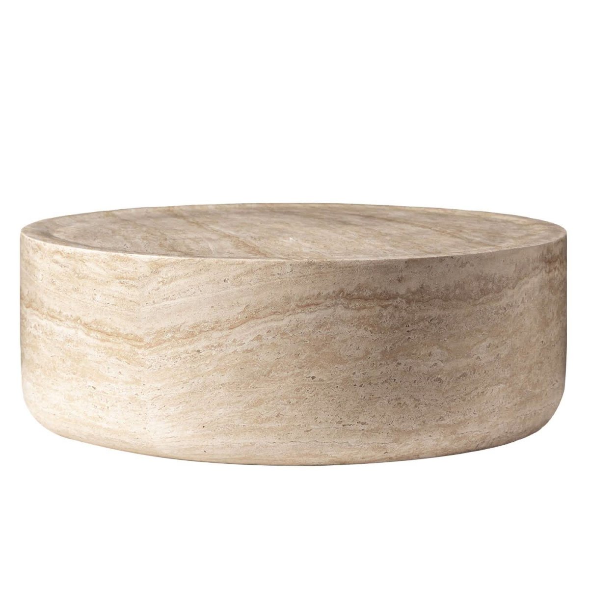 Sandy 32" Round Coffee Table, Travertine Finish, Fiberstone, Indoor/Outdoor Travertine Coffee Table Leisuremod