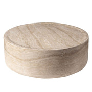 Sandy 32" Round Coffee Table, Travertine Finish, Fiberstone, Indoor/Outdoor Travertine Coffee Table Leisuremod