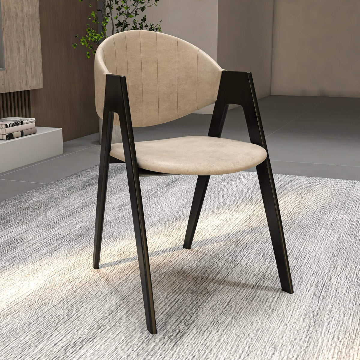 Savor Dining Chair in Leather/Polyester with Curved and Open-Back Design Taupe Dining Chair Leisuremod