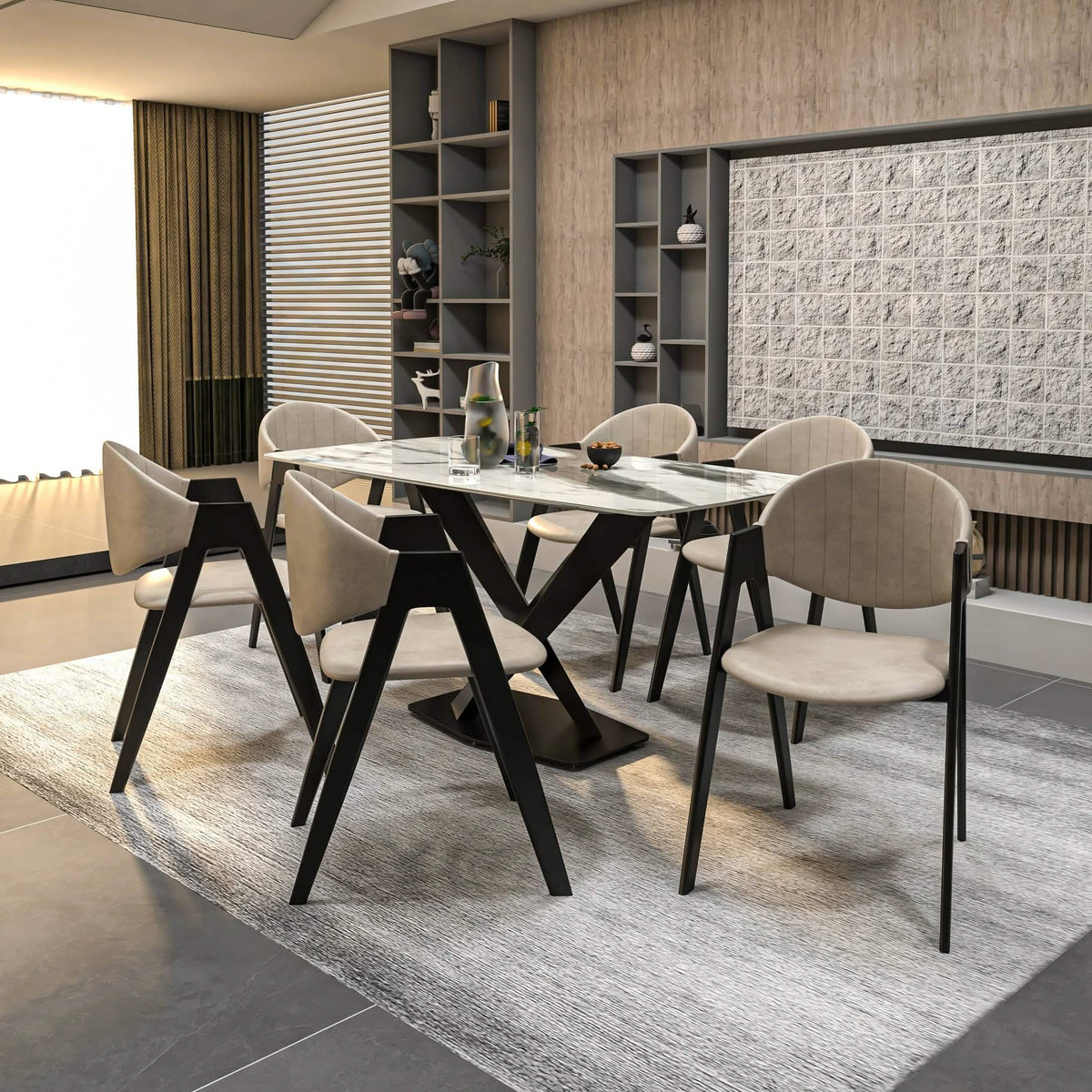Savor Dining Chair in Leather/Polyester with Curved and Open-Back Design Taupe Dining Chair Leisuremod